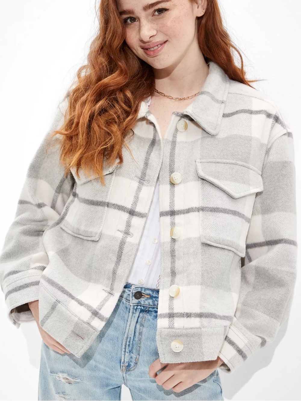 American Eagle Gray and White Plaid Jacket